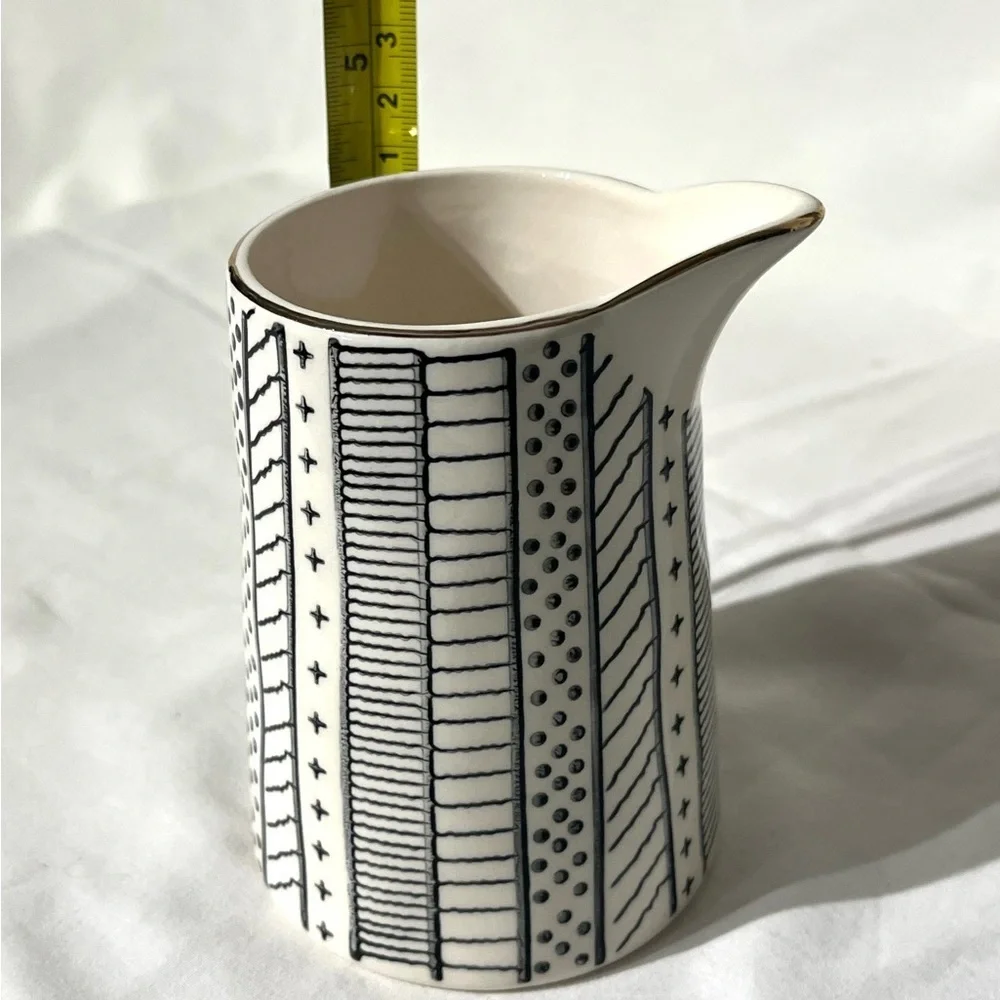 Creative Co-op Modern Stoneware Creamer Ivory w/ Black Design Gold Rim 8 oz.